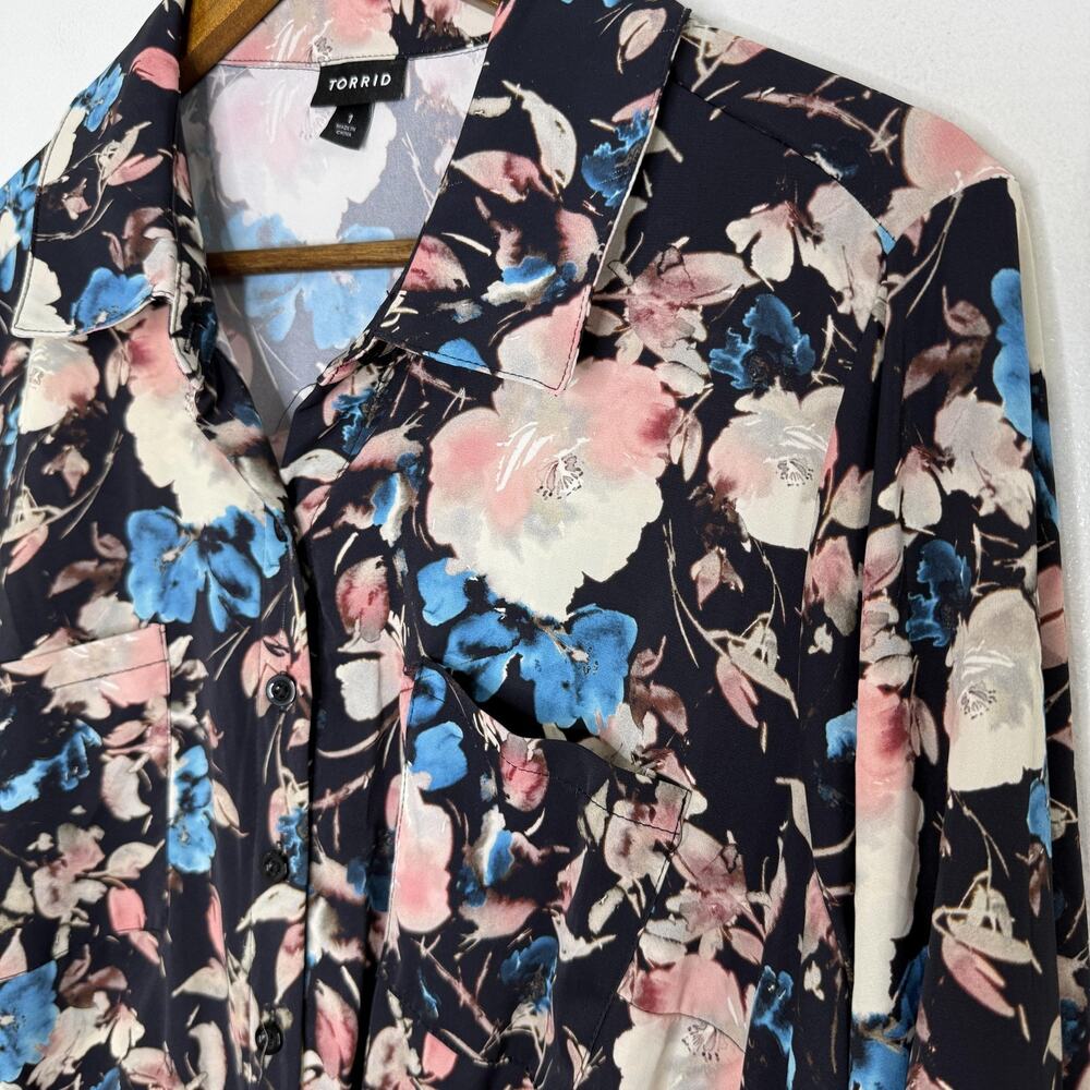 Torrid Dress Womens 1X Navy Floral Long Sleeve Button Front Midi Shirt Dress